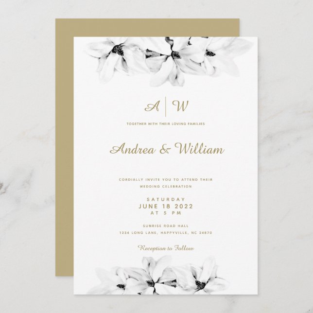 Elegant Simple Magnolia Gold Floral Chic Wedding Invitation (Front/Back)