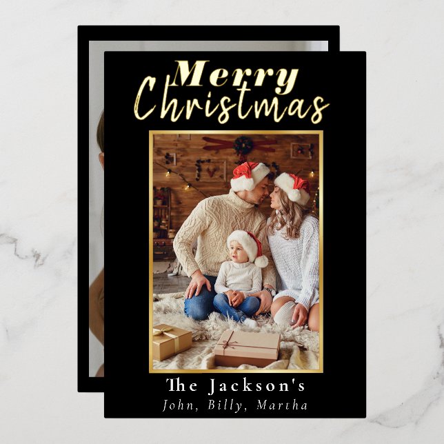 Elegant Simple Merry Christmas Family Photo Trendy Foil Holiday Card (Front/Back)