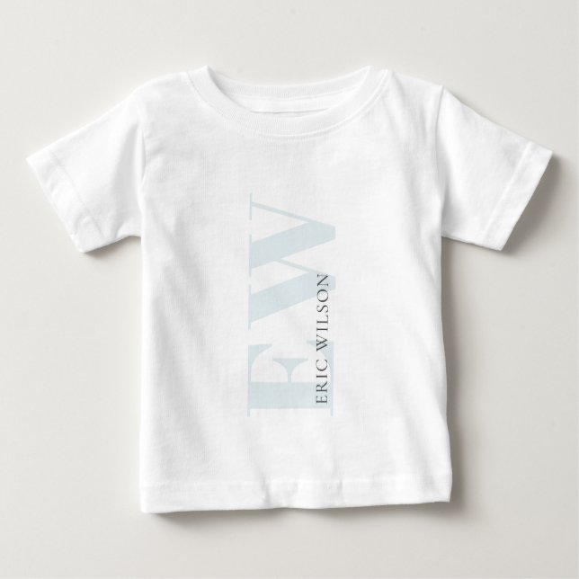 Elegant Simple Minimal Blue Boys Name Monogram Baby T-Shirt (Front)