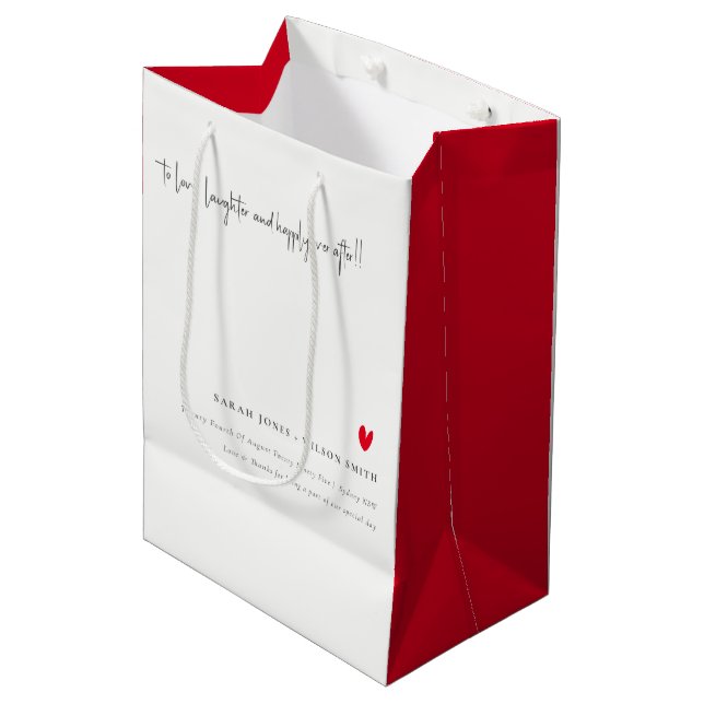 Elegant Simple Minimal Red Heart Script Wedding Medium Gift Bag (Front Angled)