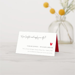 Elegant Simple Minimal Red Heart Script Wedding Place Card