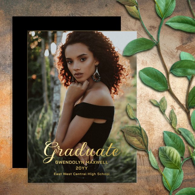 Elegant Simple Minimalist Graduate Photo (Simple Elegant Minimalist "Graduate" Graduation Announcement with Back Message - Black and Gold Foil)