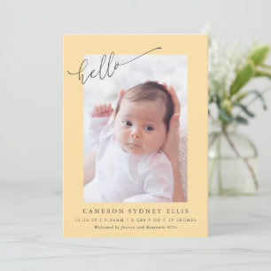 Elegant Simple Minimalist Hello Yellow Photo Birth Announcement