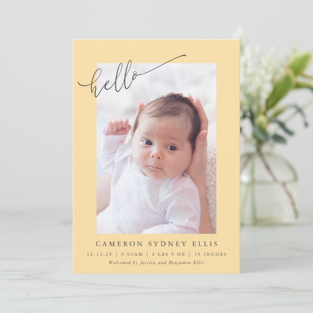 Elegant Simple Minimalist Hello Yellow Photo Birth Announcement (Standing Front)
