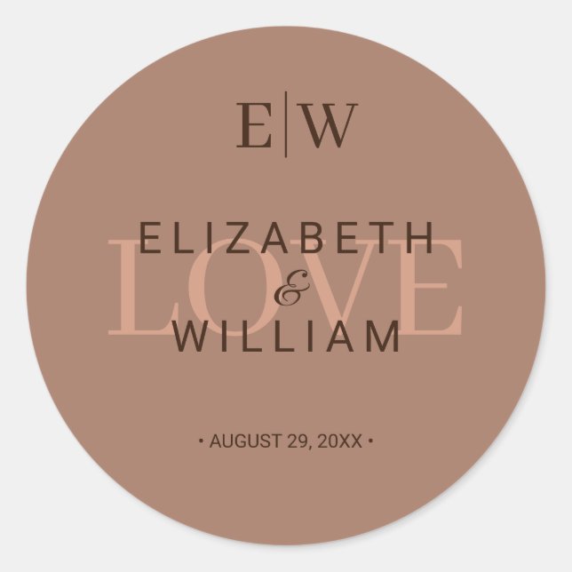 Elegant Simple Mocha Mousse with Monogram Wedding Classic Round Sticker (Front)