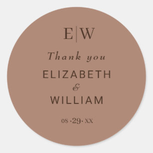 Elegant Simple Mocha Mousse with Monogram Wedding Classic Round Sticker