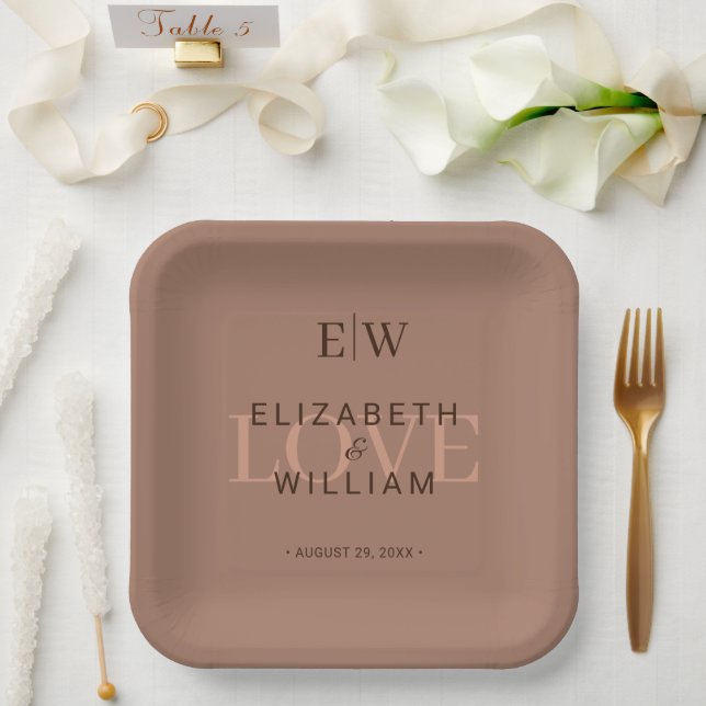 Elegant Simple Mocha Mousse with Monogram Wedding Paper Plate (Wedding)