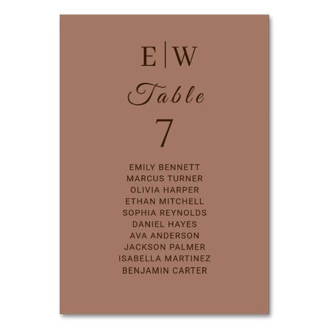 Elegant Simple Mocha Mousse with Monogram Wedding Table Number (Front)