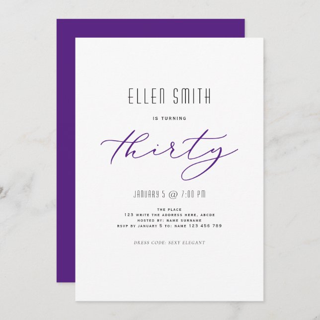 Elegant, Simple, Modern, 30th birthday Invitation (Front/Back)