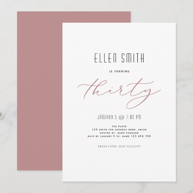 Elegant, Simple, Modern, 30th birthday Invitation (Front/Back)
