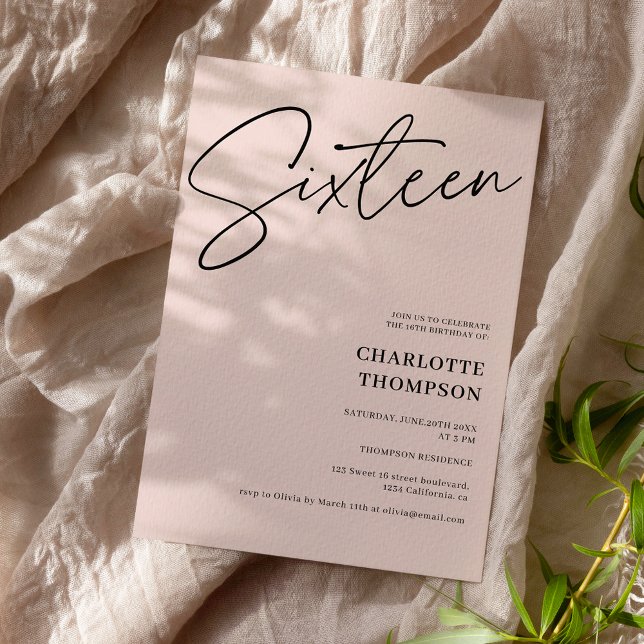 Elegant simple modern black blush photo Sweet 16 Invitation (Creator Uploaded)