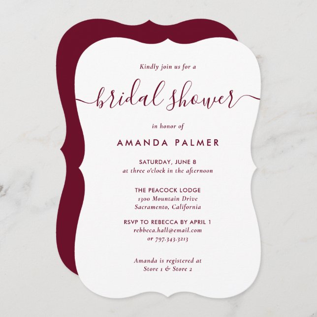 Elegant Simple Modern Burgundy Bridal Shower Invitation (Front/Back)