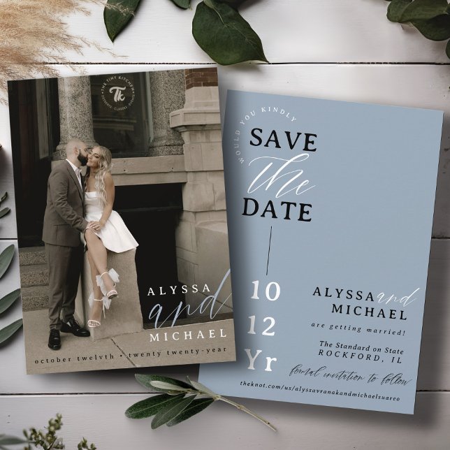 Elegant Simple Modern Dusty Blue Photo Wedding Save The Date (Elegant modern photo typography script simple wedding save the date, black and white, dusty blue)