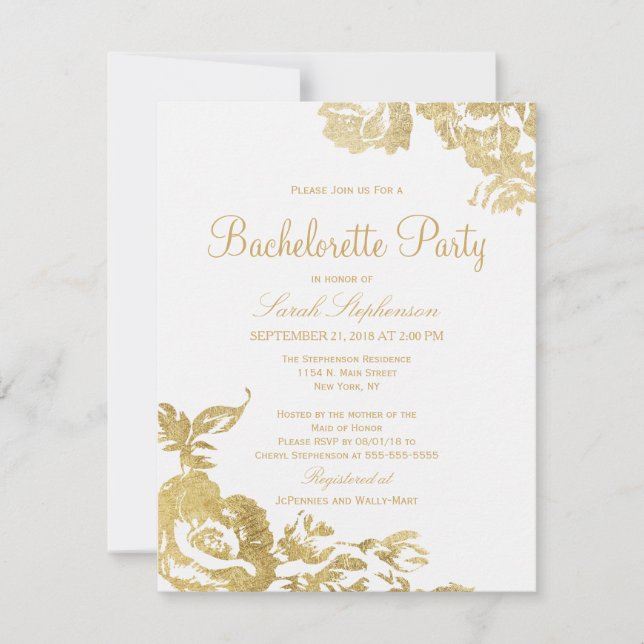 Elegant Simple Modern Floral Gold Bachelorette Invitation (Front)