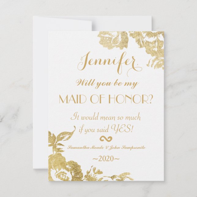 Elegant Simple Modern Floral Gold Maid of Honour Invitation (Front)