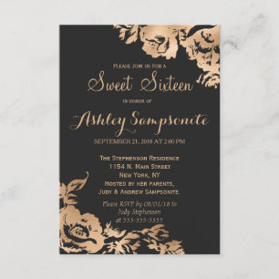 Elegant Simple Modern Gold Black Floral Sweet 16 Invitation