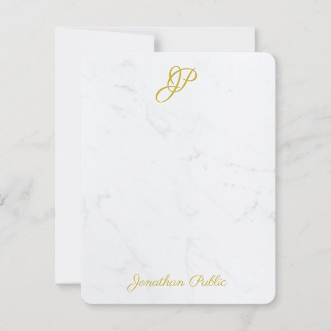 Elegant Simple Modern Gold Script Monogram Marble Card (Front)