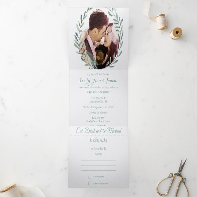 Elegant Simple Modern Green Floral Wreath Wedding Tri-Fold Invitation (Inside)
