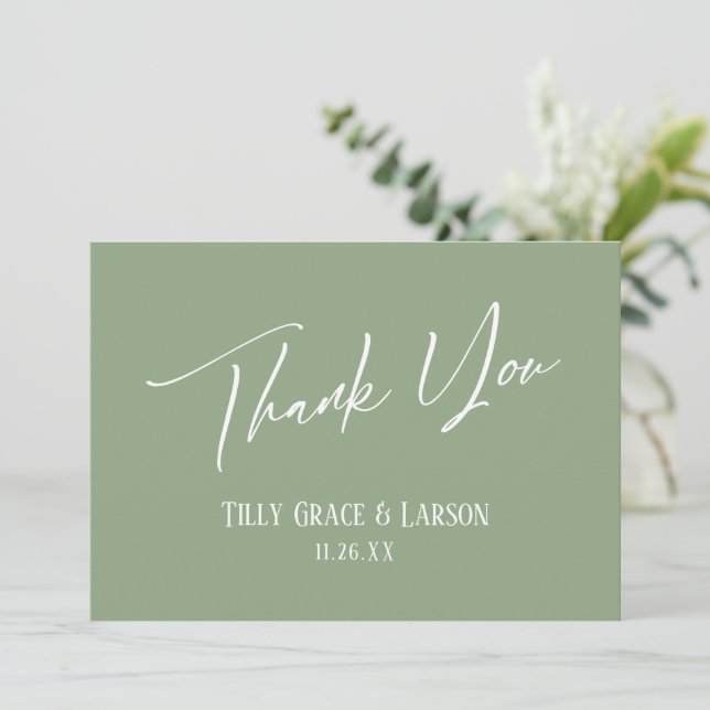 Elegant Simple Modern Handwriting Sage Green Thank You Card (Standing Front)