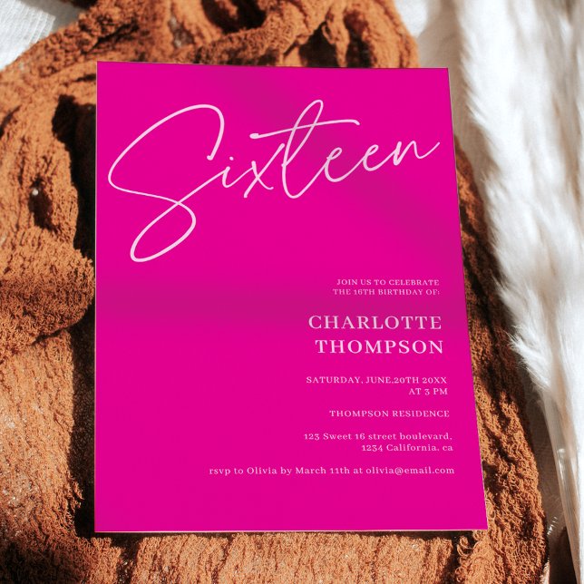Elegant simple modern hot pink photo Sweet 16 Invitation (Elegant simple modern hot pink photo Sweet 16 Invitation)