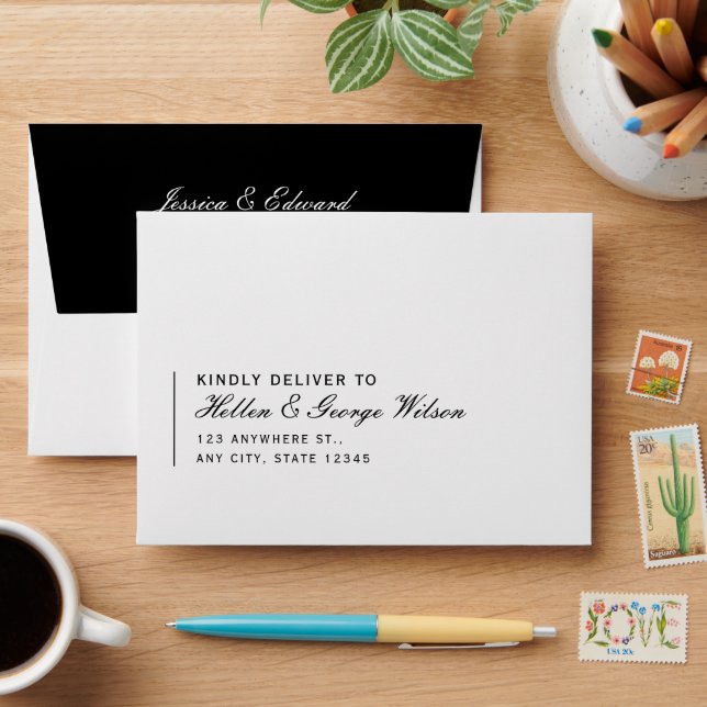 Elegant Simple Modern Minimal Script Black White Envelope (Desk)