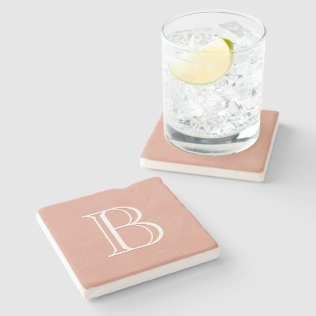 Elegant Simple Modern Monogram Letter Initial Pink Stone Coaster (Side)