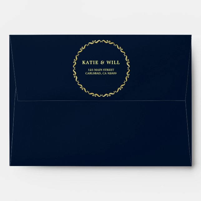 Elegant Simple Modern Navy Gold frame wedding Envelope (Back (Top Flap))