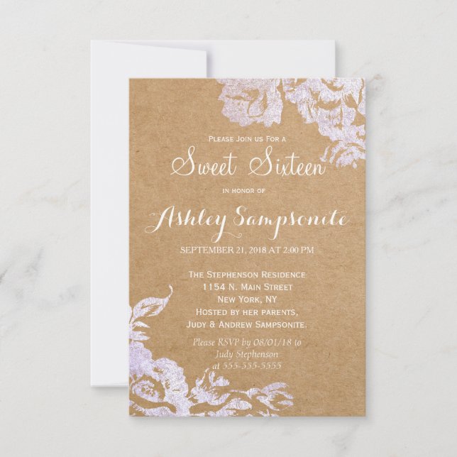Elegant Simple Modern Rose Floral Faux Silver Invitation (Front)