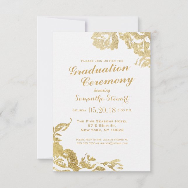 Elegant Simple Modern Rose Floral Gold Graduation Invitation (Front)