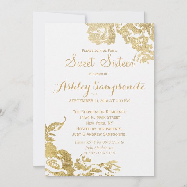 Elegant Simple Modern Rose Floral Gold Sweet 16 Invitation (Front)