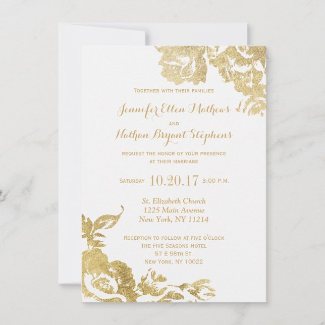 Elegant Simple Modern Rose Floral Gold Wedding Invitation (Front)