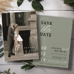 Elegant Simple Modern Sage Green Photo Wedding Save The Date<br><div class="desc">This elegant and simple black, sage green, and white modern typography wedding save the date, features a hero cover photo with bride & groom names, oversized "and" in sage green, and spelled-out wedding date wording overlay, along with save the date half circle wording and modern design details, including wedding website,...</div>
