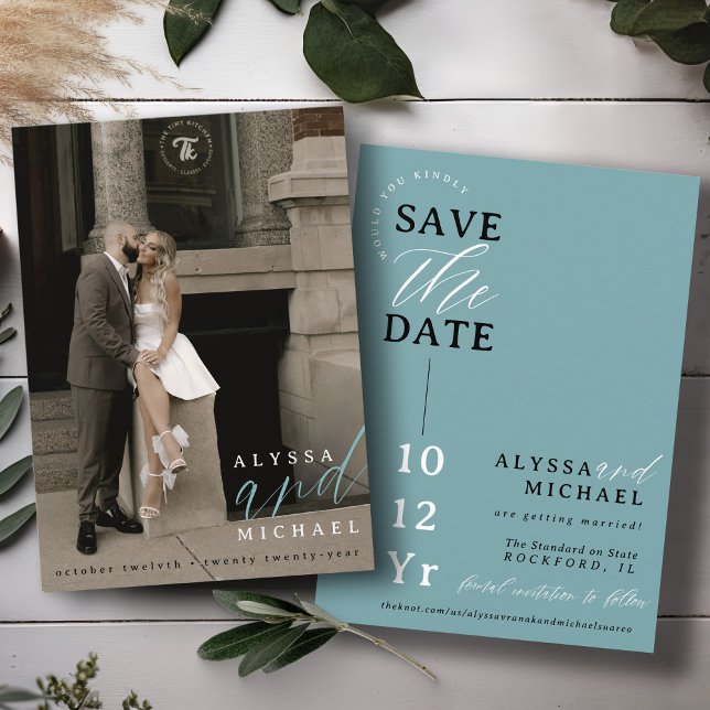 Elegant Simple Modern Soft Teal Photo Wedding Save The Date (Elegant modern photo typography script simple wedding save the date, black, white, soft dusty teal )