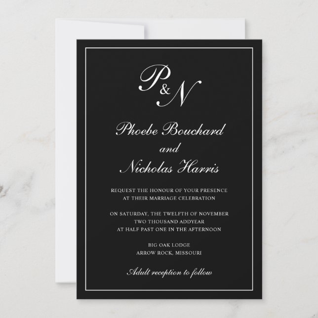 Elegant Simple Monogram Black All In One Wedding Invitation (Front)
