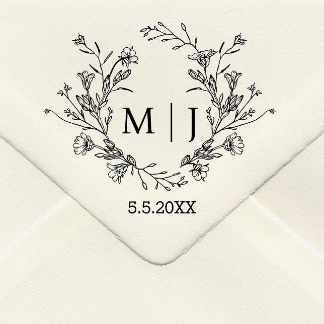 elegant simple monogram botanical wedding rubber stamp (Creator Uploaded)