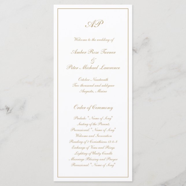 Elegant Simple Monogram Formal Gold Wedding Program (Front)
