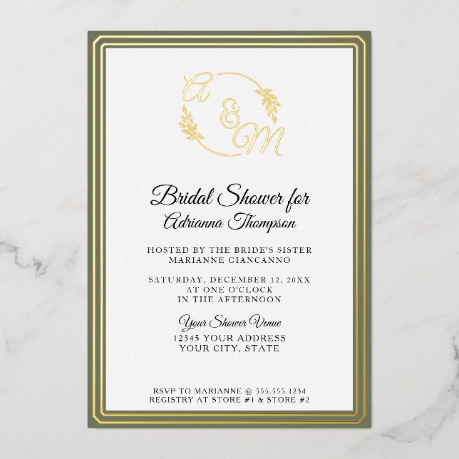 Elegant Simple Monogram Green Gold Bridal Shower (Front)
