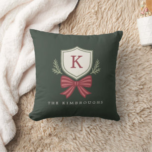 Elegant Simple Monogram Green Red Bow Christmas  Cushion