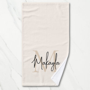Elegant Simple Monogram Script Name Beige Hand Towel