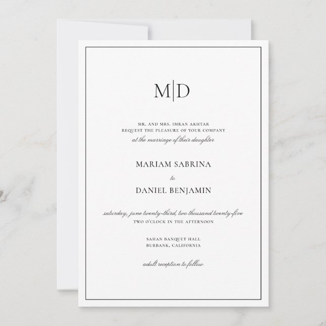Elegant Simple Monogram Script White Wedding Invitation (Front)