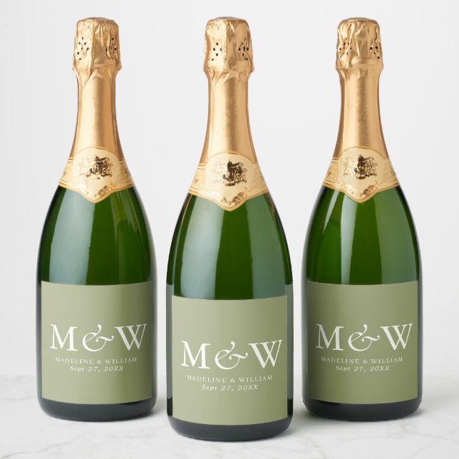 Elegant Simple Moss Green Monogram Wedding Sparkling Wine Label (Bottles)