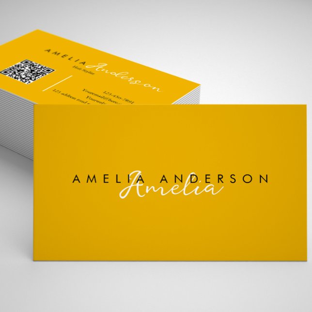 Elegant Simple Mustard Yellow Script QR code Business Card (Creator Uploaded)