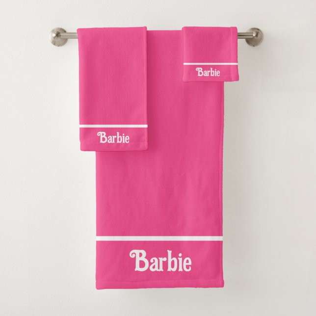 Elegant Simple Name Text on Neon Pink Bath Towel Set (Insitu)