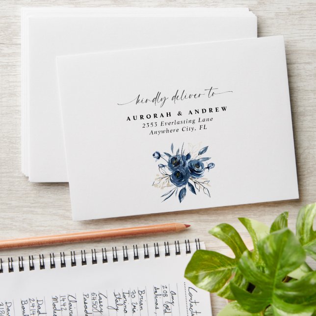 Elegant Simple Navy Blue Floral Boho Wedding Envelope (Stacked)