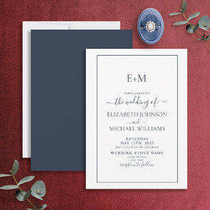 Elegant Simple Navy Blue Formal Monogram Wedding Invitation