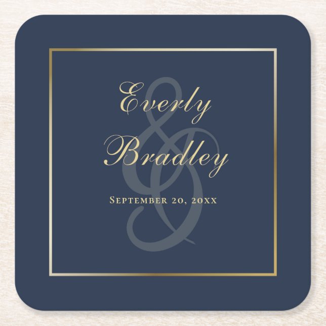 Elegant Simple Navy Blue Gold Border Script  Square Paper Coaster (Front)