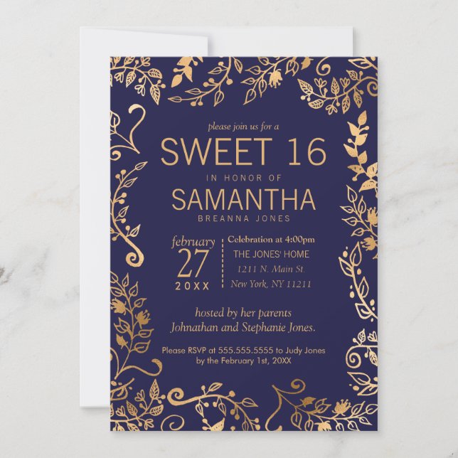 Elegant Simple Navy Blue Gold Floral Sweet 16 Invitation (Front)