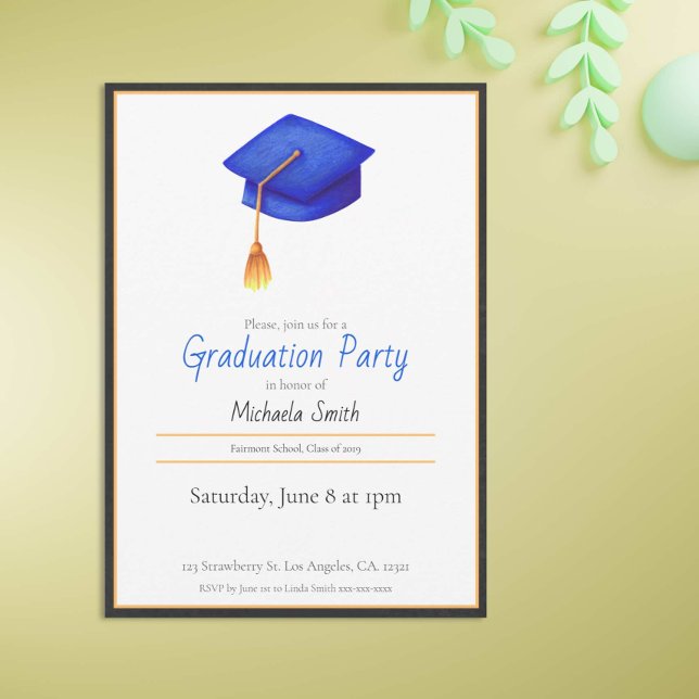 Elegant Simple Navy Blue Graduation Cap  Invitation (Creator Uploaded)