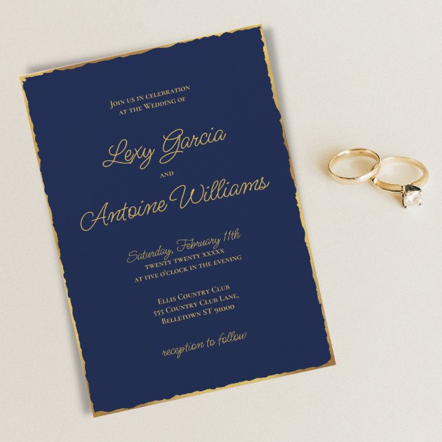 Elegant Simple Navy Blue Luxe Gold Edge Wedding Invitation (Creator Uploaded)