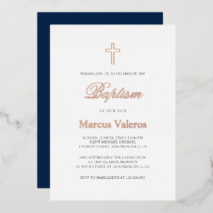 Elegant Simple Navy Blue ROSE GOLD Cross Baptism